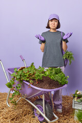 Hesitant female gardener spreads palms stands in clueless pose dressed in casual clothes doesnt know from what to start work collects seasoanl harvest stands near wheelbarrow against purple wall