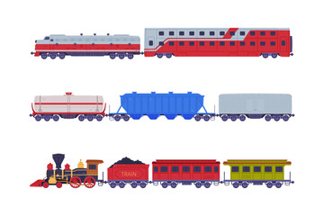 Freight and passenger rail transport set. Railway locomotive train with wagons flat vector illustration