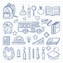 Back to School. Big set of doodles pictures, school bus and supplies in sketch style,. Isolated on checkered background
