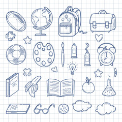 Back to School. Big set of doodles pictures, supplies in sketch style,. Isolated on checkered background