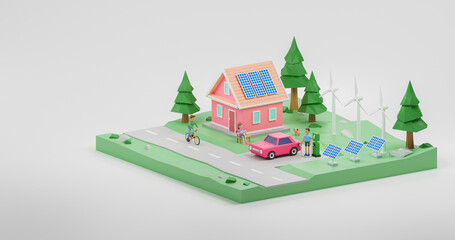 Electricity green energy clean nature eco saving solar panels power plant and wind turbines,Smart Grid Technology House and Electric Car, charging station, Renewable solution energy.3d rendering.