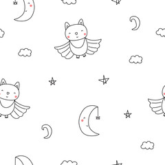 Seamless vector pattern with black bats on a white background with moons in doodle style. Halloween background. Cartoon mysterious illustration. Dark night