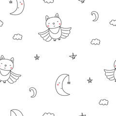 Fototapeta premium Seamless vector pattern with black bats on a white background with moons in doodle style. Halloween background. Cartoon mysterious illustration. Dark night
