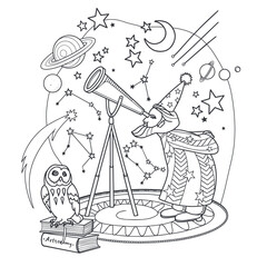 A stargazer watches the stars through a telescope. Planets of the solar system. Page of coloring book. Vector illustration isolated on white background.