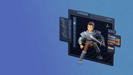 Game design development create characters animate pose 3d graphics artwork.Video game designer developer Creative software. 3d rendering.