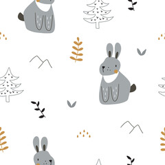 Seamless pattern with a cute rabbit on a white background. Winter scene with hare and snow. Vector illustration for your design.