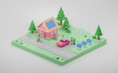 Electricity green energy clean nature eco saving solar panels power plant and wind turbines,Smart Grid Technology House and Electric Car, charging station, Renewable solution energy.3d rendering.