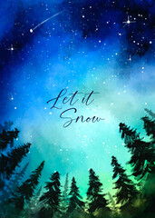 Watercolor night sky misty pine forest and snow winter background