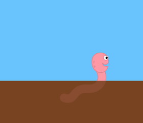 A smiling pink worm stirring the earth with blue sky - illustration