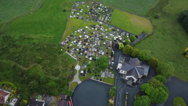 Aerial view of the Roman Catholic chapel and graveyard in Northern Ireland