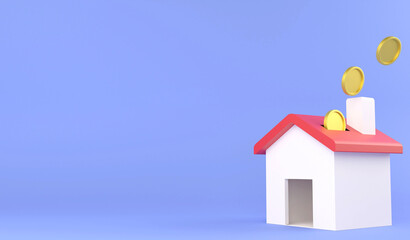 3D rendering drop coin to house of piggy bank , 3D illustration saving money and investment of real estate concept