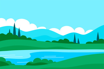 Fototapeta na wymiar Summer italian landscape of nature. Panorama with green forest, cypress, fields, blue sky and lake. Rural scener. Flat illustration