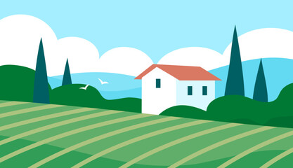 Obraz na płótnie Canvas Summer italian landscape of nature. Panorama with green forest, vineyard, cypress, fields, blue sky and lake. Rural scener. Flat vector illustration