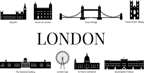 London silhouette in black-and-white color. London's tourist attractions - obrazy, fototapety, plakaty