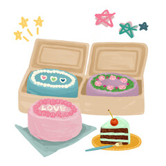 ランチボックスケーキ　도시락케이크　Lunch Box Cake　誕生日ケーキのイラスト
