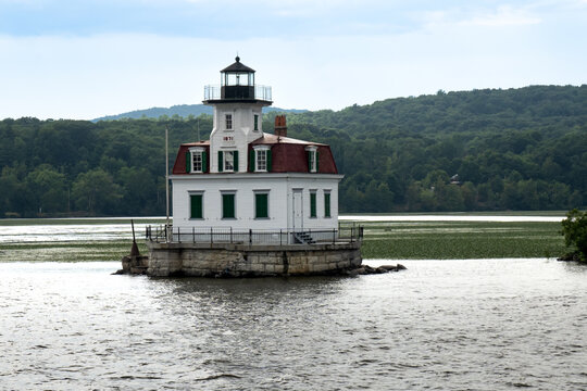 Port Ewen, NY &ndash; USA &ndash; Aug 2, 2022 Horizontal view of the historic wooden Esopus Meadows Lighthouse, nicknamed "Maid of the Meadows".