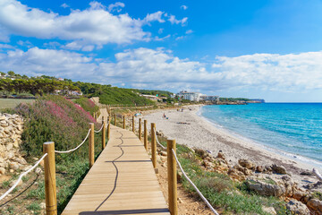 Fototapeta na wymiar Landscape with San Adeodato beach, Menorca island, Spain