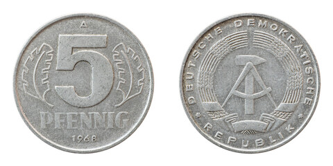 Old inactive coin 5 pfennig 1968 Germany DDR closeup isolated on white background.
