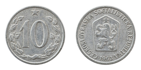 Old inactive Czechoslovak of 1963 with a denomination of 10 ten heller coin close-up isolated on a white background.