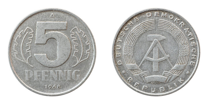 Old inactive coin 5 pfennig 1968 Germany DDR closeup isolated on white  background. Stock Photo | Adobe Stock