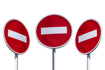 Set of 3 three traffic signs No entry straight, left, right. Brick sign isolated on white background.