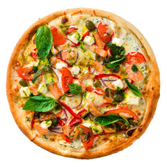 italian seafood pizza isolated on white background for menu top view