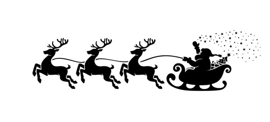 Santa Claus silhouette scatter the stars in sleigh full of gifts with reindeers . Merry christmas and Happy new year decoration. Vector on transparent background - obrazy, fototapety, plakaty