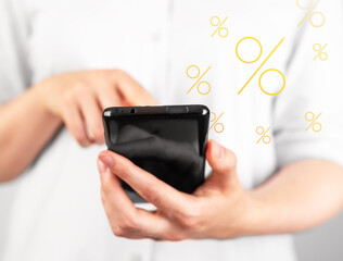 Online discounts. Woman hands holding phone and receiving information about deals on shopping, events, coupon codes. Getting data with money-saving offers via smartphone.