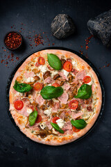 Tasty hot italian pizza Prosciutto with Parma ham, Cheese Mozzarella, Tomatoes Pizzeria menu.