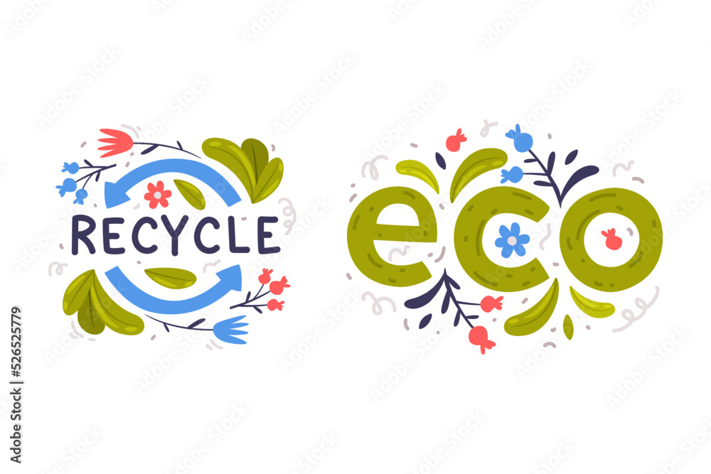 Poster eco and recycle symbols. healthy natural product and ecology labels vector illustration