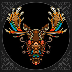 Colorful moose zentangle arts isolated on black background