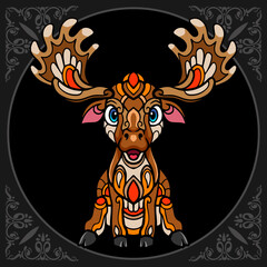 Colorful moose zentangle arts isolated on black background