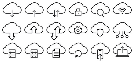 Cloud service and network related line icons. Database and online storage line icon set. Vector illustration.