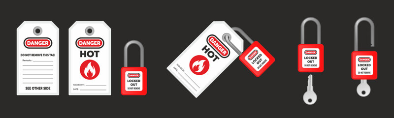 Lock out, tag out with a danger hot tag vector illustration. Danger and do not remove this tag warning. Machine and electrical system and safety equipment. Isolated on black background.