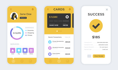 Banking app. Mobile app, bank UI. Online banking application for mobile phone, financial service, online payment concept. Finance app screen templates set. Vector concept