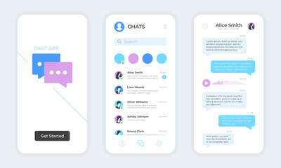 Chat app. Text messaging mobile application UI. Online messaging, live chat app mockup, templates set. Vector concept