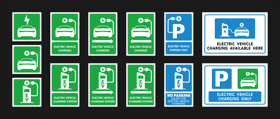 Electric vehicle charging point signs vector set.