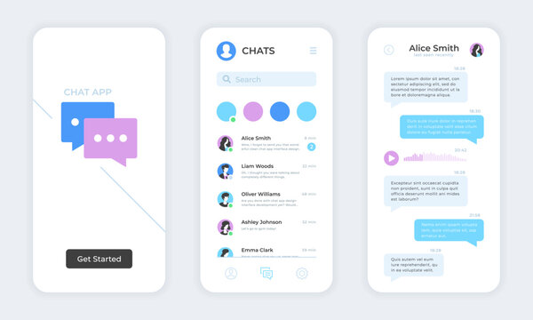 Chat app. Text messaging mobile application UI. Online messaging, live chat app mockup, templates set. Vector concept