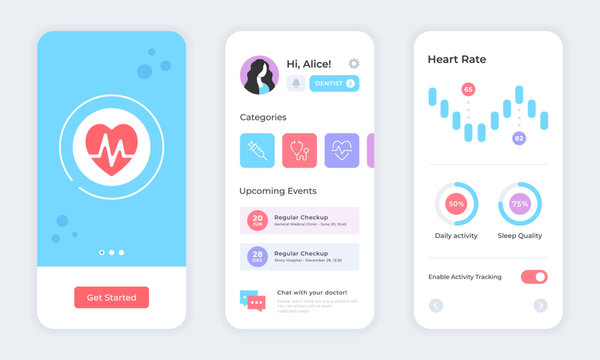 Health app. Fitness app for mobile phone, health tracking, medical application design. UI screens, UX templates set. Healthcare mobile app mockup. Vector concept