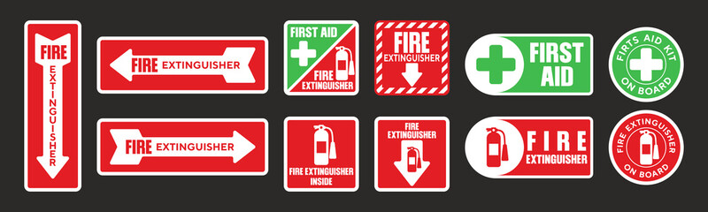 Fire extinguisher first aid vector sticker set. Various fire extinguisher first aid sign labels isolated on black background. © Mustafa