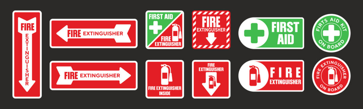 Fire extinguisher first aid vector sticker set. Various fire extinguisher first aid sign labels isolated on black background.