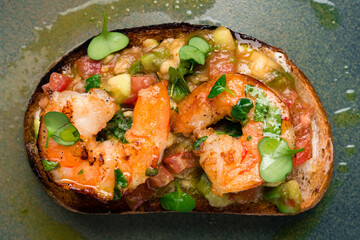 Bruschetta with shrimps and micro greens. Healthy eating concept