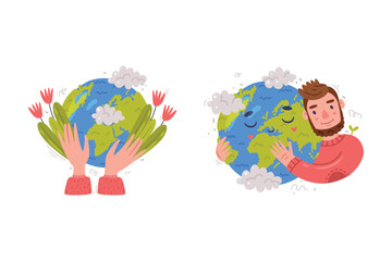 Care About Planet with Man and Hands Embracing Green Globe as Ecology and Environment Protection Vector Sticker Set