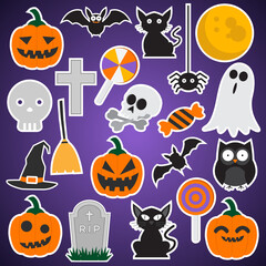 Set of halloween element. Haloween party sticker sign vector. helloween icon collection with bat, pumpkin, spider, cat, skeleton, owl, ghost, gravestone, witch hat and Full moon. Flat cartoon concept