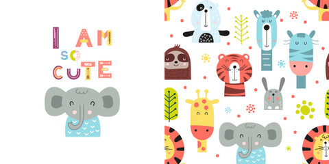 Seamless pattern and print with cute jungle animals. Greeting card and wrapping paper set. T-shirt print and kids fabric design. Vector illustration