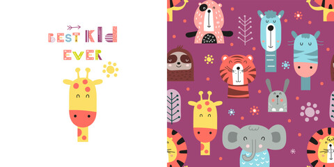 Jungle animals seamless pattern and print with llama, elephant, giraffe, tiger, lion, bear. Greeting card and wrapping paper set. T-shirt print and kids fabric design. Vector illustration