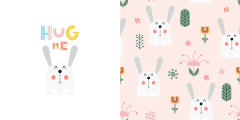 Cute animals seamless pattern and print with funny bunny. Greeting card and wrapping paper set. T-shirt print and kids fabric design. Vector illustration