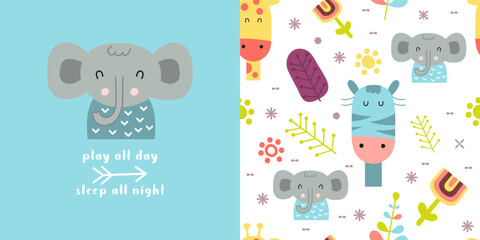 Jungle animals seamless pattern and print with elephant, giraffe, zebra. Greeting card and wrapping paper set. T-shirt print and kids fabric design. Vector illustration