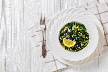 Spanakorizo, Greek spinach and rice pilaf in bowl