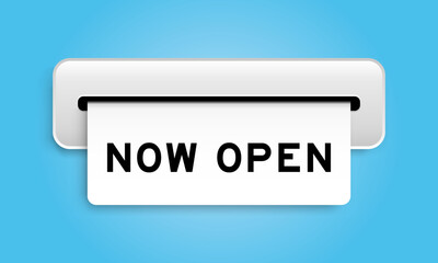 White coupon banner with word now open from machine on blue color background